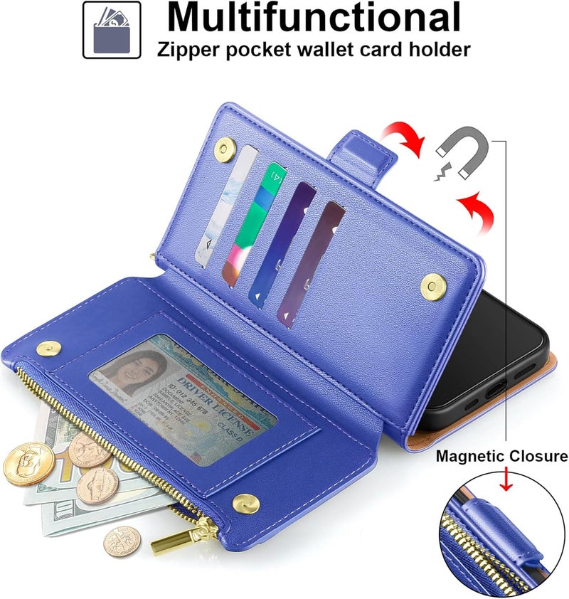 Antsturdy Compatible with iPhone 16 Pro Max Wallet Case,RFID Blocking PU Leather Phone Case Women Men Kickstand flip Cover Wrist Strap Zipper Credit Card Holder Slots for Apple 16 ProMax,Purple Blue - Image 4